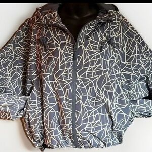 Traj3ctory Hooded Rain Jacket Blue White Abstract Dolman Sleeve Large cinchwaist